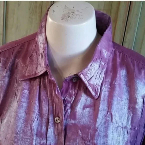 Karen Kane Purple Metallic Shimmer Button Up Blouse Top - Picture 2 of 6